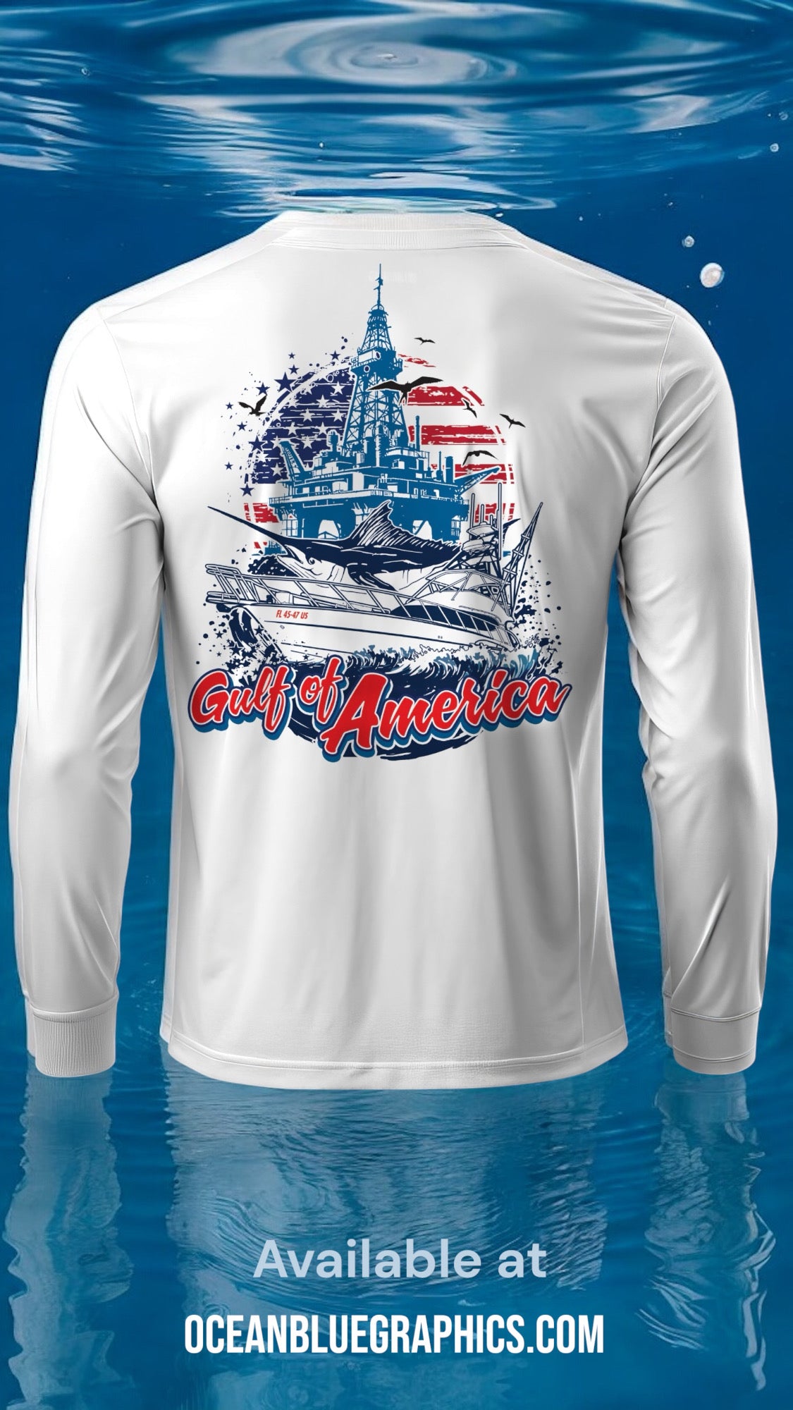 White long-sleeve shirt with a graphic design of a boat and American flag, submerged in water with 'Gulf of America