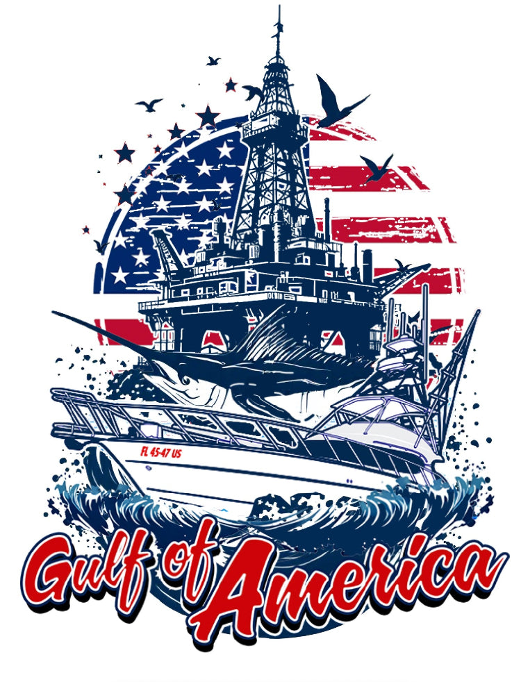Design featuring a boat, oil rig, and American flag with 'Gulf of America' text on a white background