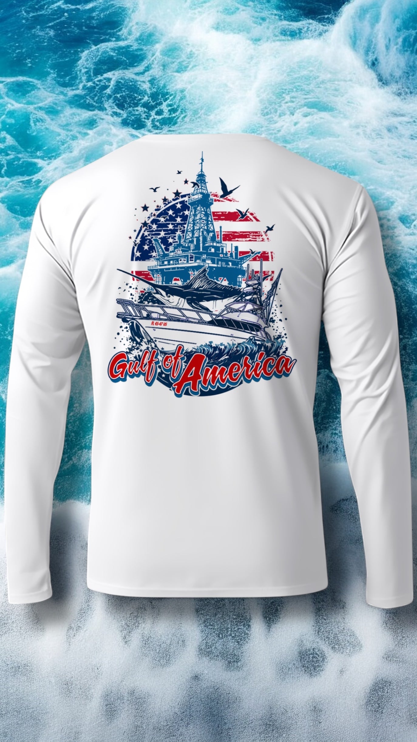 White long-sleeve shirt with a graphic design of a ship and 'Gulf of America' text against a blue ocean background
