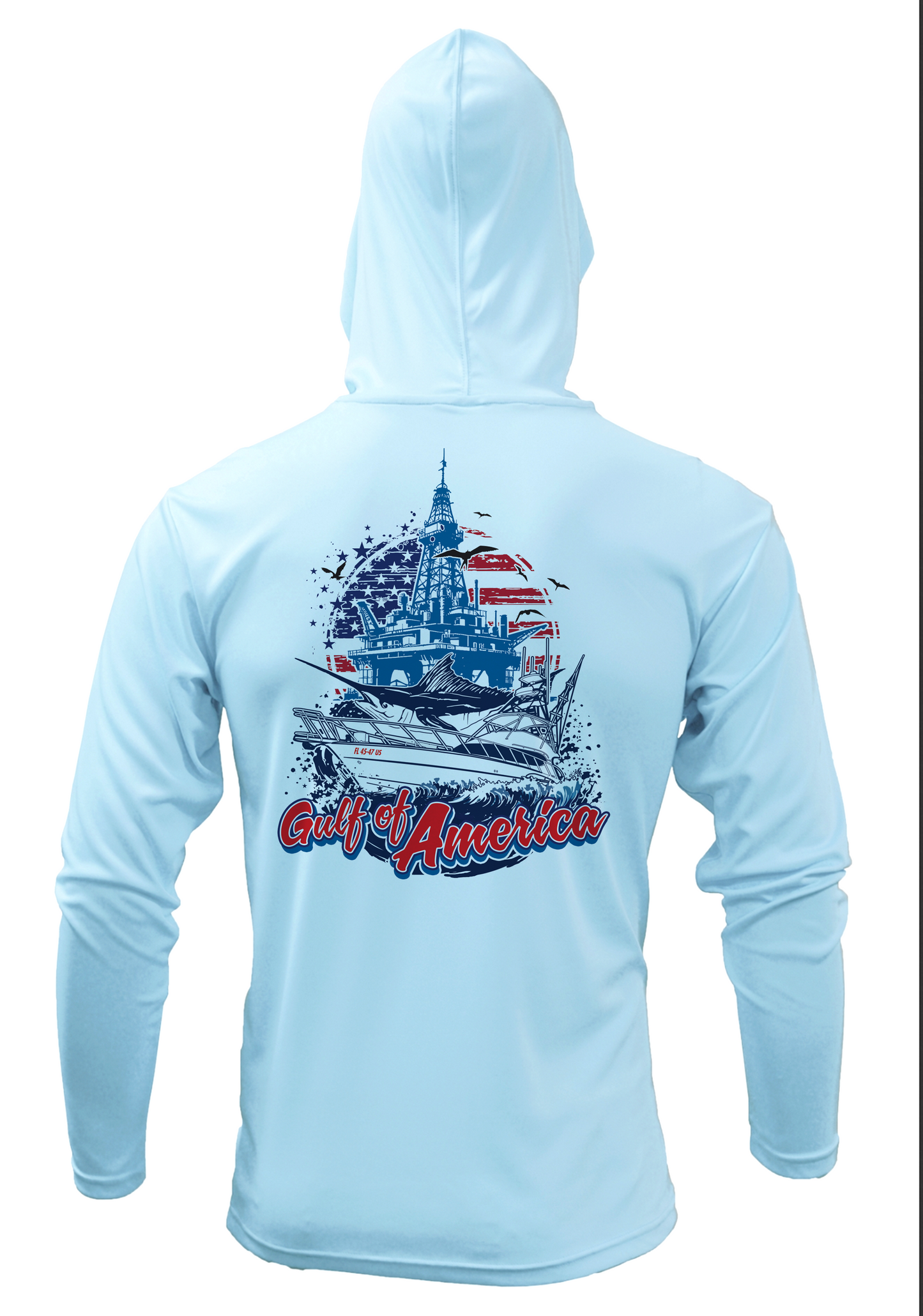Gulf of America HOODED Long Sleeve Performance Fishing Shirt, illustrating its versatility for both active and casual wear.