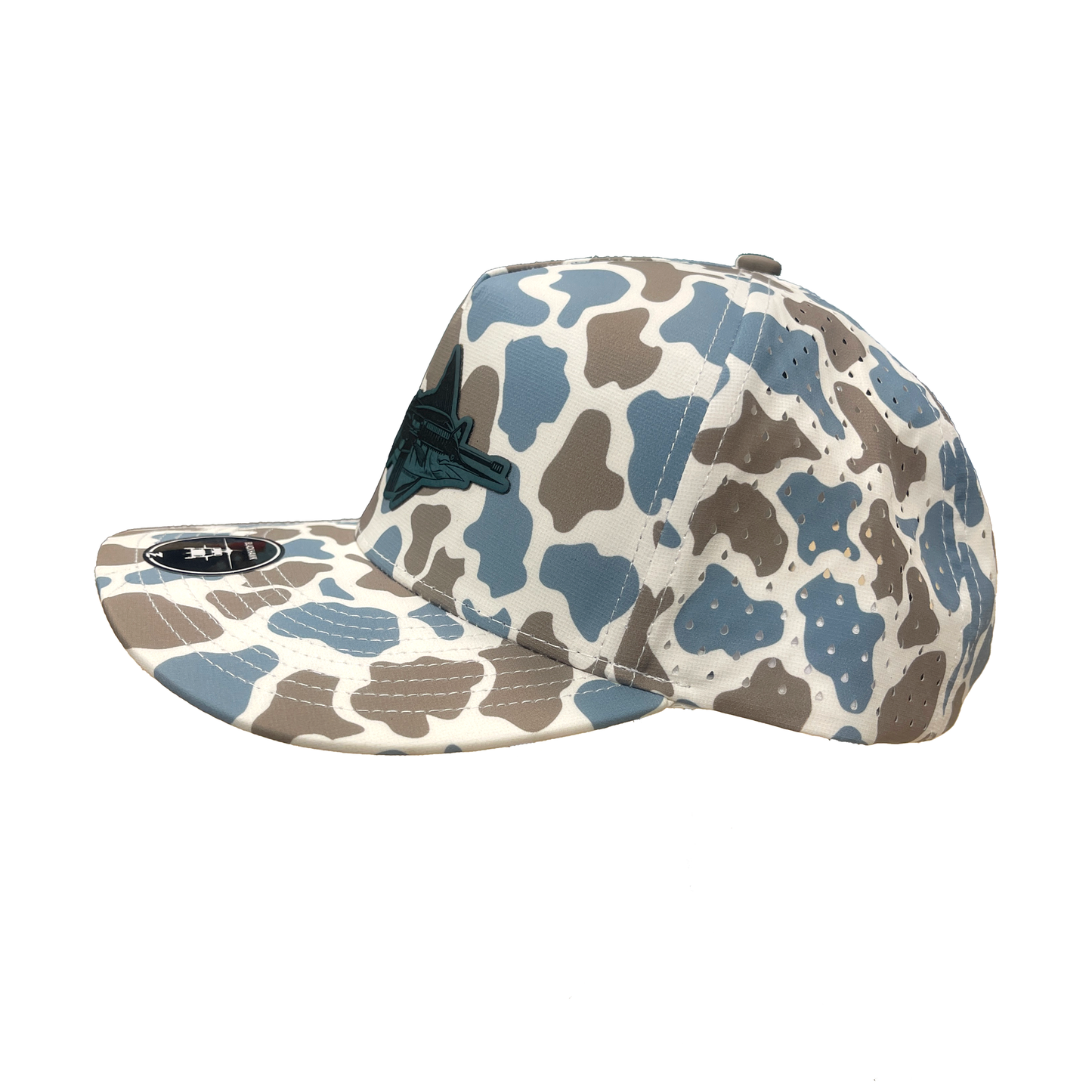 Side profile of the mARlin Hat highlighting the unique camo pattern and slightly curved bill.​

