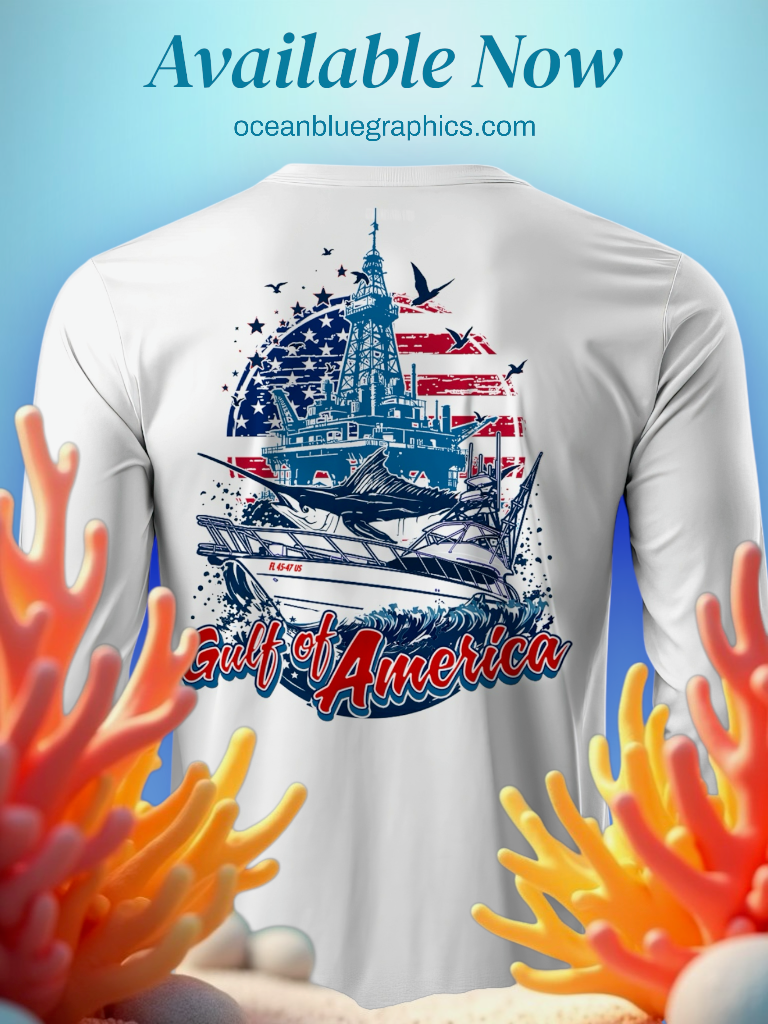 back profile of the Gulf of America Performance Fishing Shirt, displaying its athletic cut and stain-resistant fabric with coral frame

