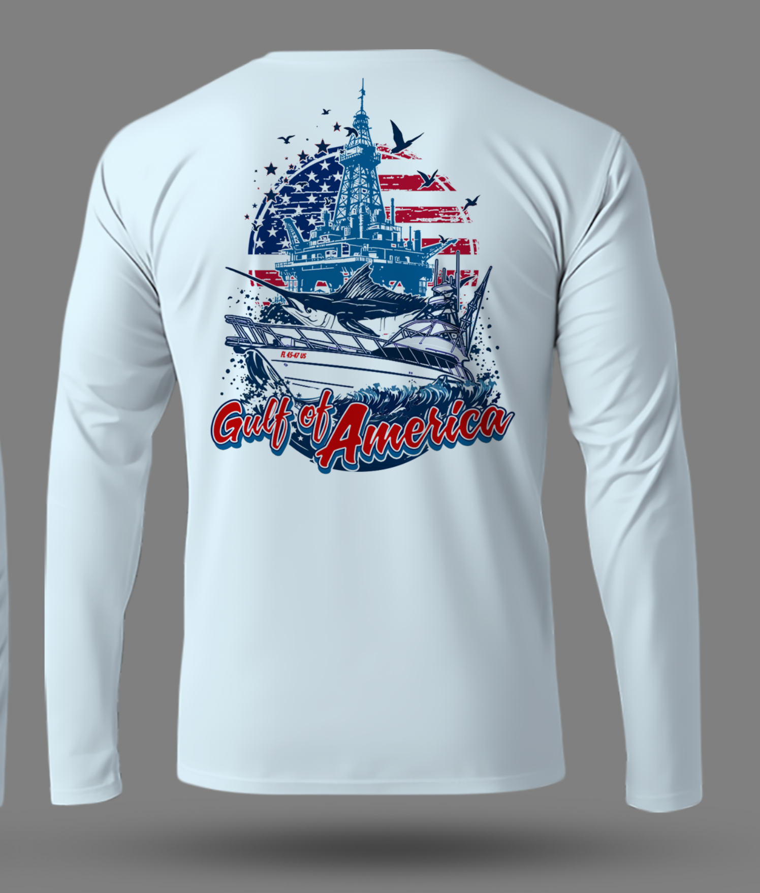 back profile of the Gulf of America Performance Fishing Shirt, displaying its athletic cut and stain-resistant fabric.