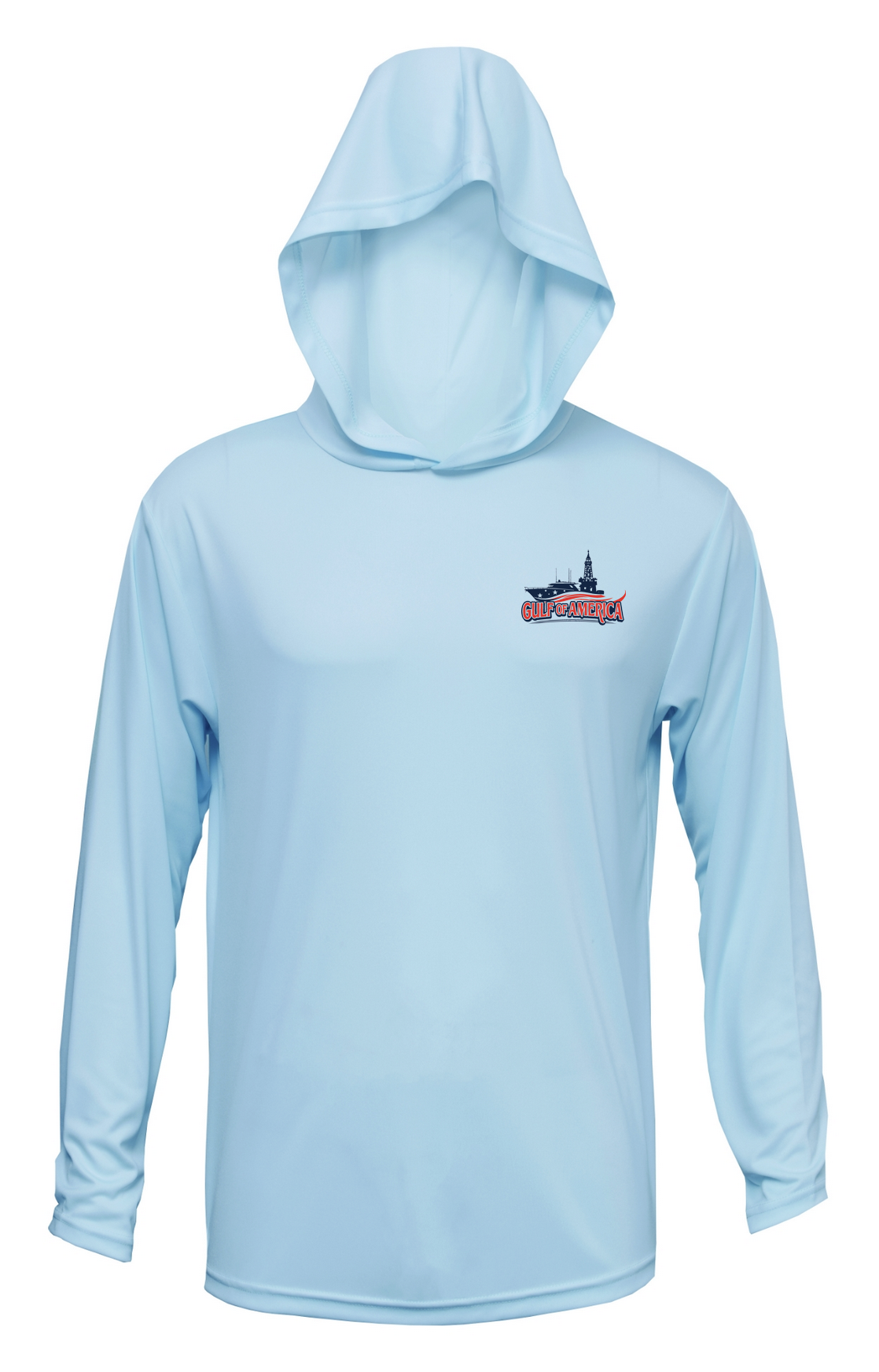 Detailed image showcasing the moisture-wicking and stain-resistant properties of the Gulf of America HOODED Long Sleeve Performance Fishing Shirt