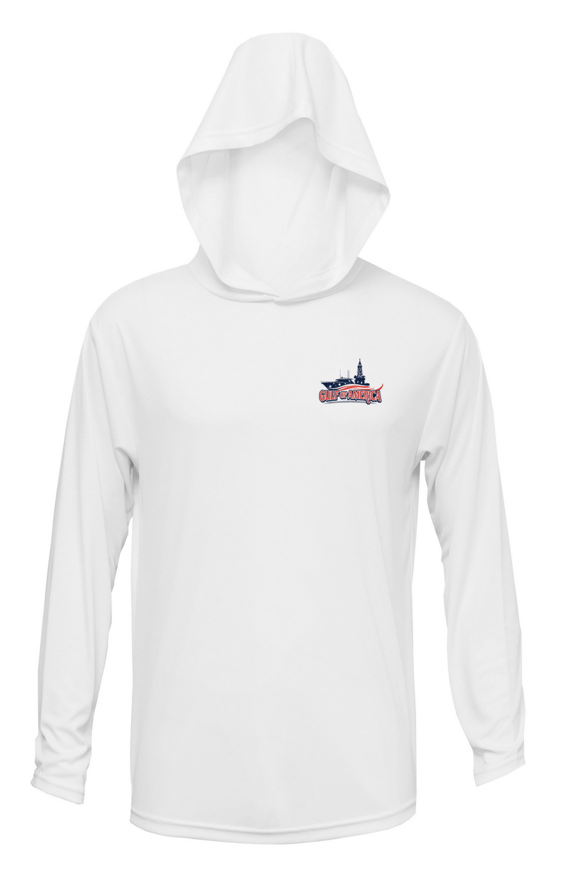 Gulf of America HOODED Long Sleeve Performance Fishing Shirt, demonstrating the shirt's athletic fit and functional hood.