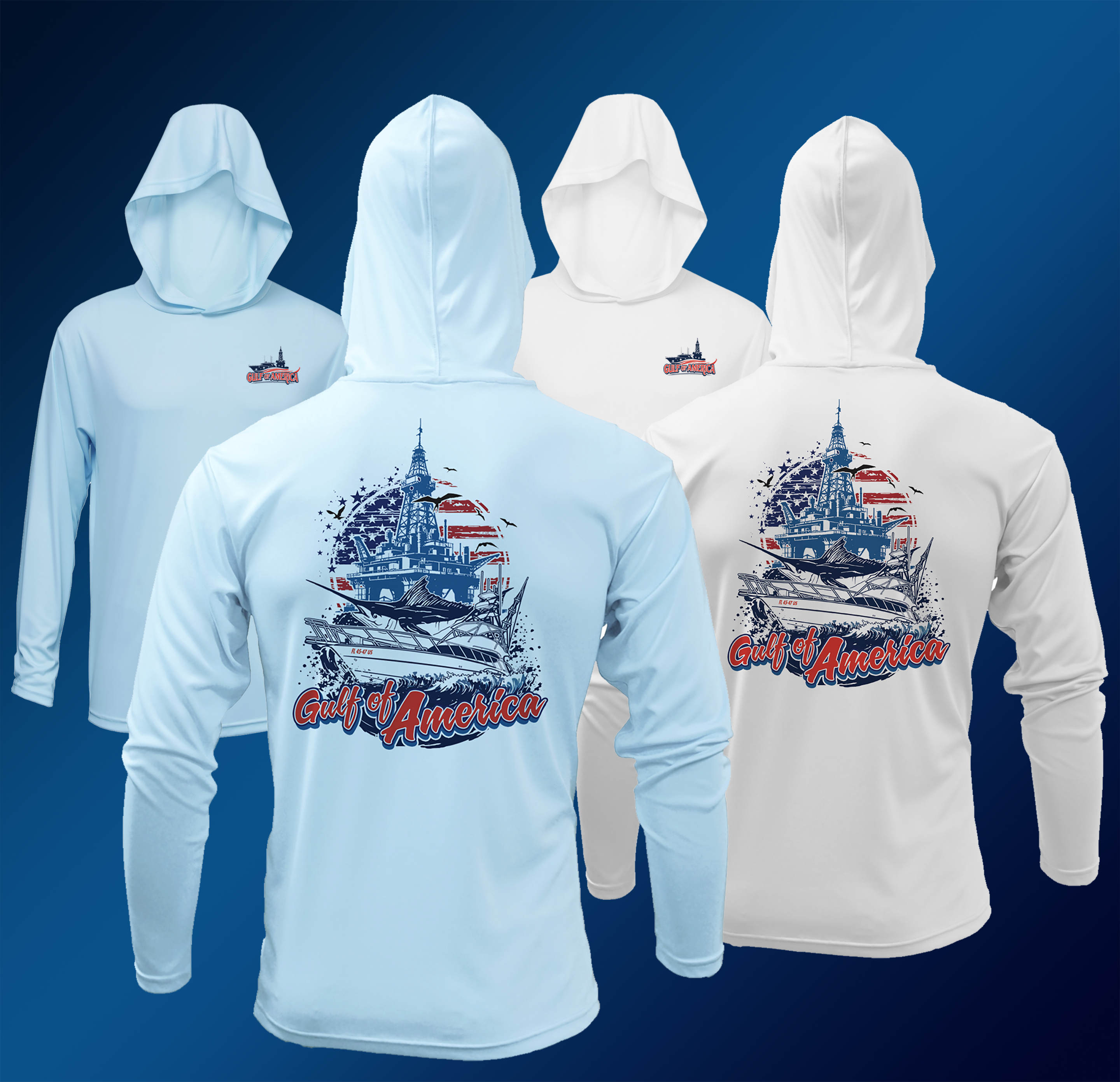 Angler wearing the Gulf of America HOODED Long Sleeve Performance Fishing Shirt, showcasing its lightweight design and functional hood during a sunny day on the water.​



