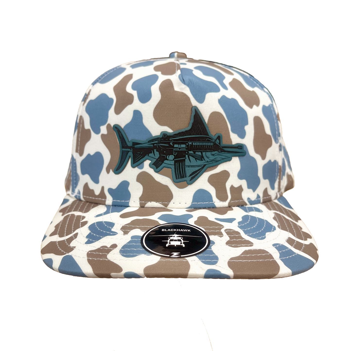 Front view of the mARlin Hat in Blackhawk Blue Old-School Camo, showcasing the laser-cut leather patch design.​


